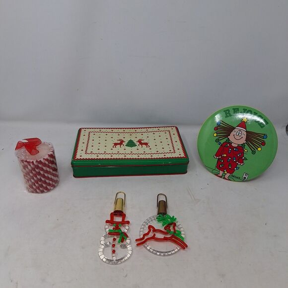 Christmas Bundle Two Ornaments Vintage Reindeer Tin Red White Candle Holiday - Picture 1 of 9